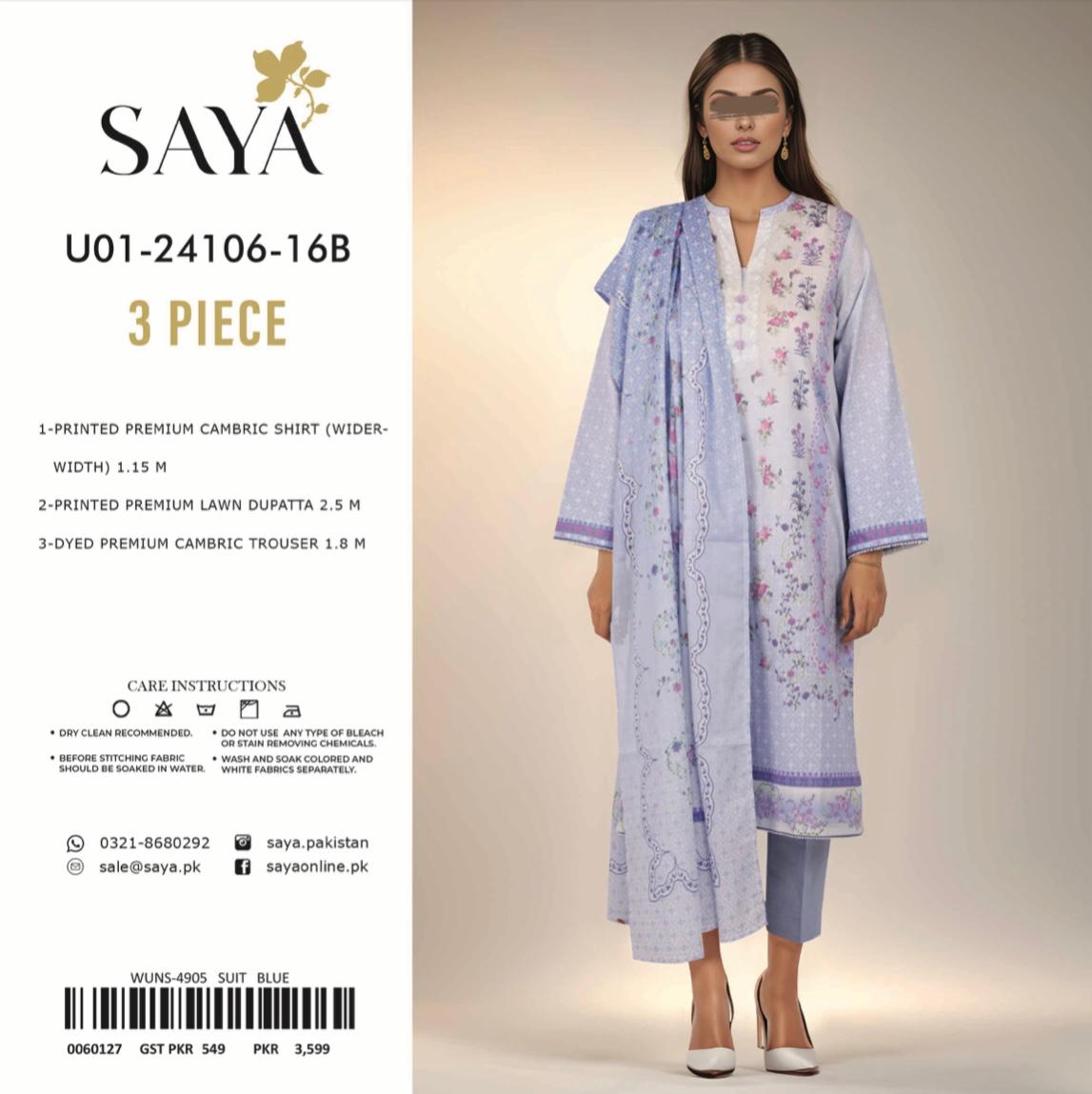 unstiched 3 pc saya premium Lawn with voil Lawn dupatta U01-24106-16B