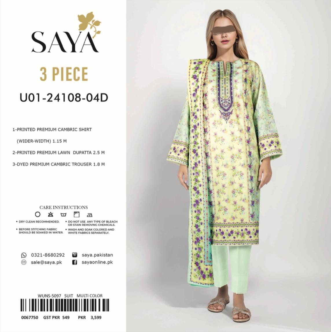 unstiched 3 pc saya premium Lawn with voil Lawn dupatta U01-24108-04D