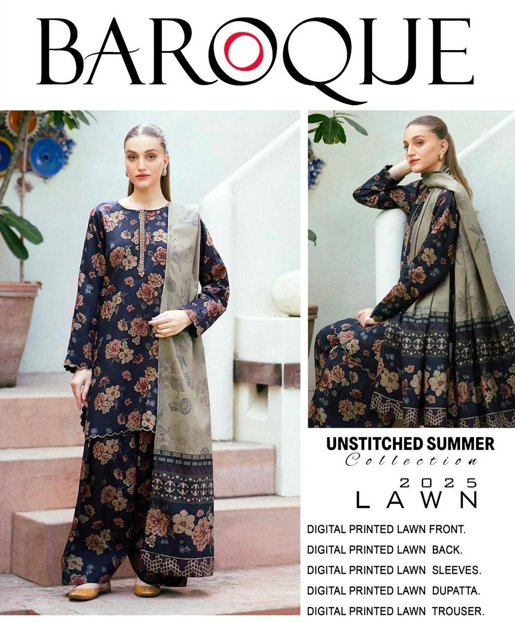 Unstiched 3 pc BAROQUE Allover printed Premium Lawn Bd-01